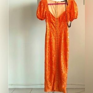 Pretty Little Thing Orange Lace Puff Sleeve Midi Dress - size 8 UK , 4 US